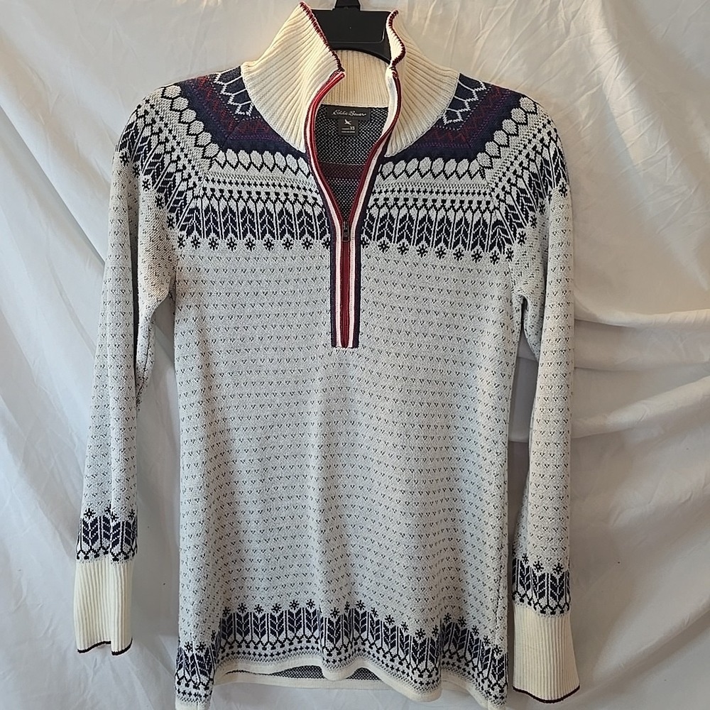 Eddie Bauer Sweater Women Size XS Ivory Blue Fair Isle 1/2 Zip Ski Nordic‎